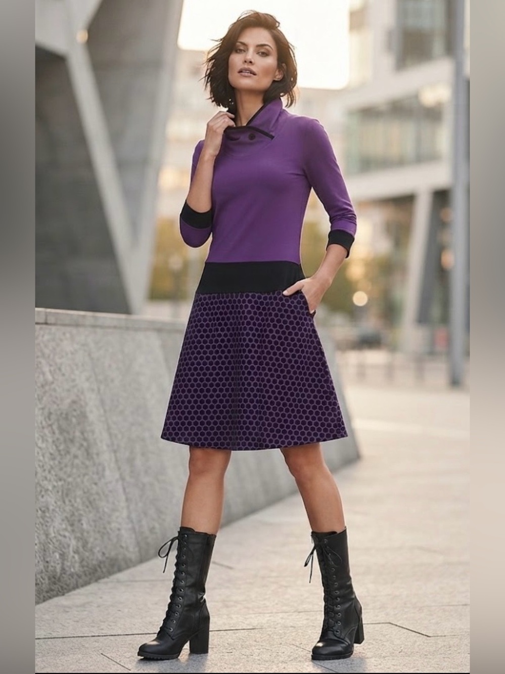 NWOT Misslook Retro purple and black color-block cowl-neck dress S